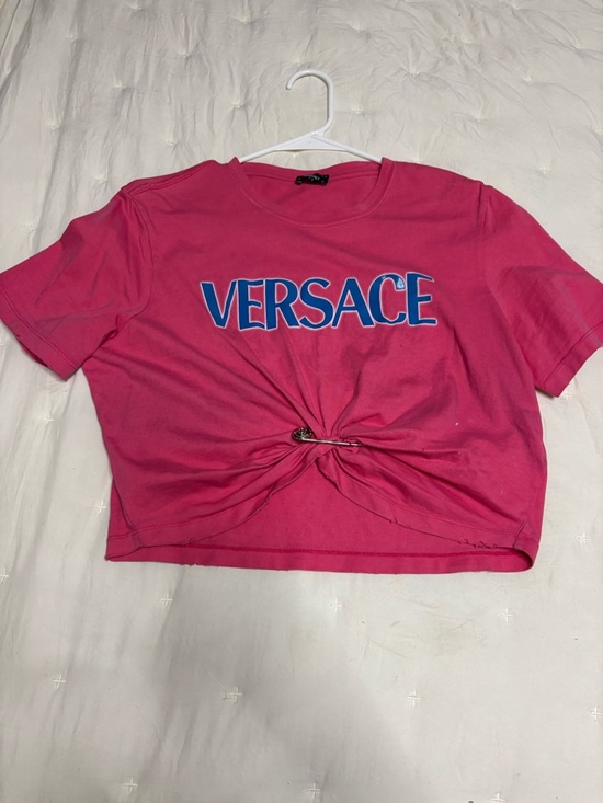 Versace Tops - Versace Pink Logo Knot-Front Crop Tee
